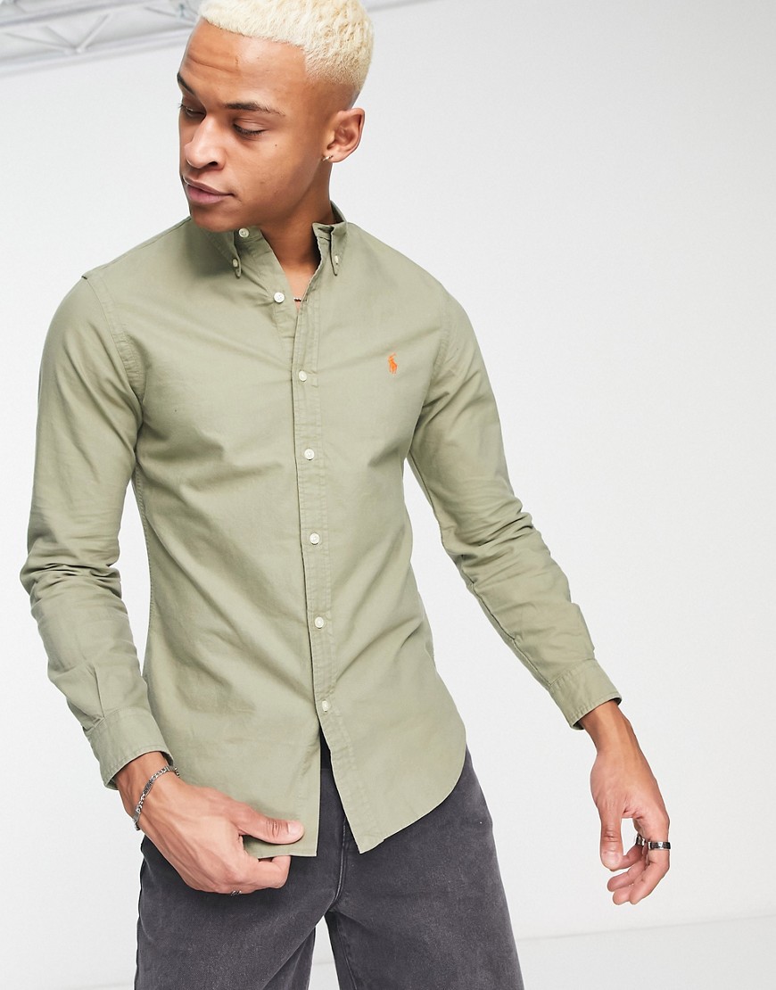 Polo Ralph Lauren icon logo slim fit garment dyed oxford shirt button down in dark green