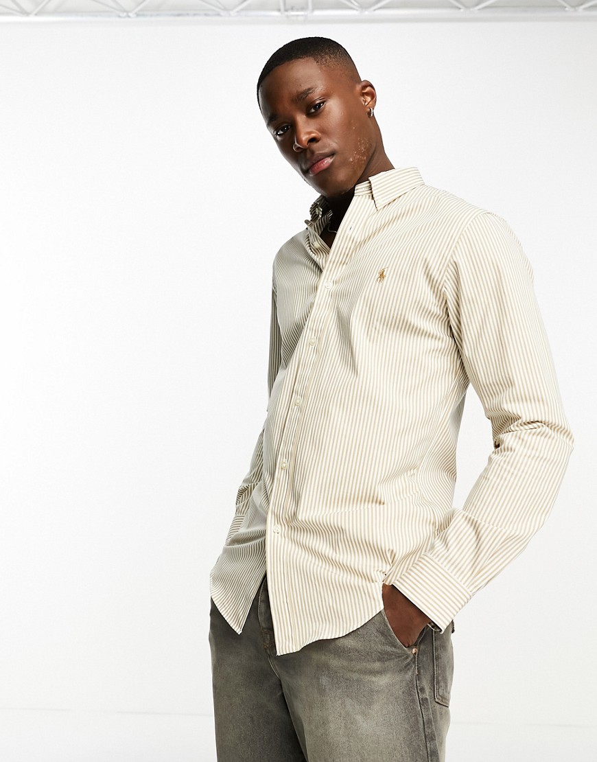 Polo Ralph Lauren icon logo stripe stretch poplin shirt slim fit in vintage khaki/white-Brown