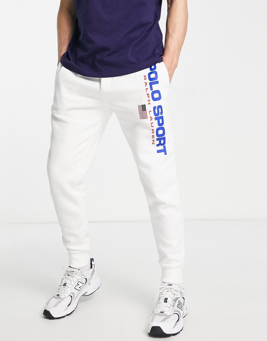 Polo Ralph Lauren Sports capsule leg logo cuffed joggers in white