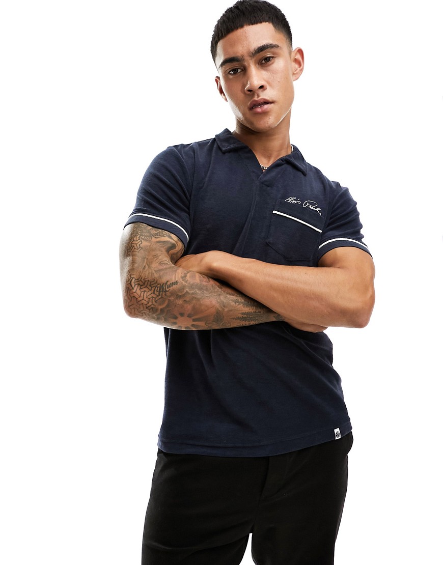 Pretty Green x Elvis towelling polo shirt in navy-White