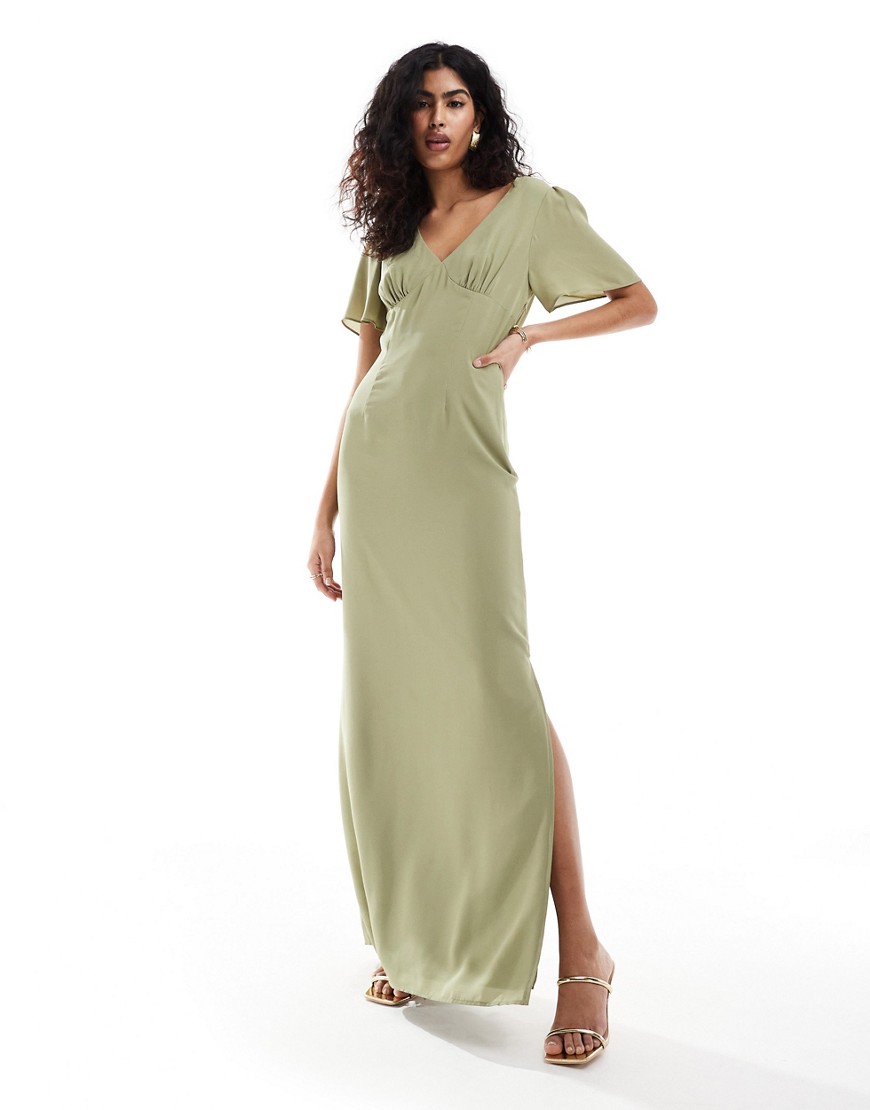 Pretty Lavish Bridesmaid flutter sleeve chiffon maxi dress in olive-Green