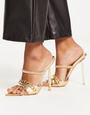 chain strap stiletto  heeled sandals in gold