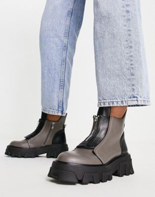 Exclusive Astra zip front chunky ankle boots in grey and black