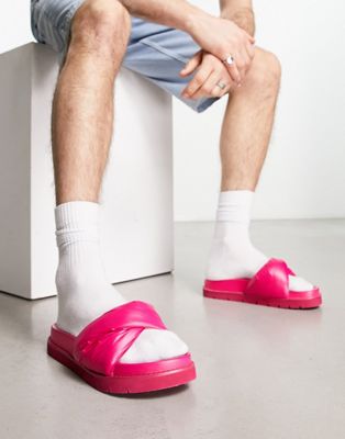 Man Kylo padded knot strap sliders in hot pink