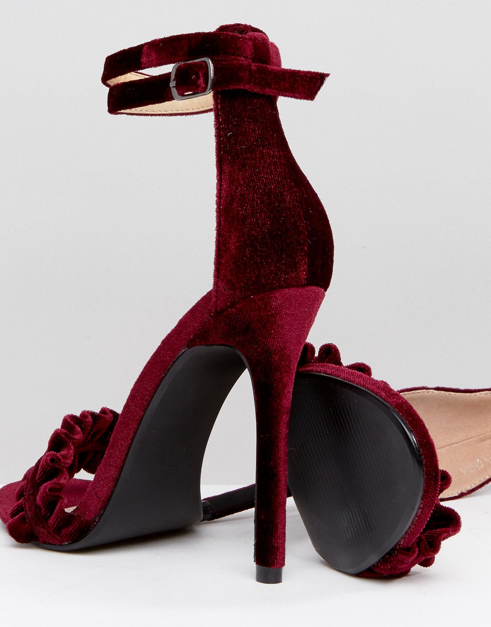 Public Desire Pheonix Burgundy Velvet Ruffle Heeled Sandals