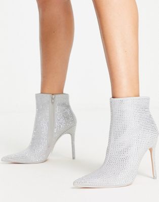 Verona ruched rhinestone heeled ankle boots in silver