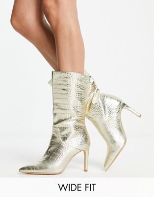 Lisel curved ankle boot in gold metallic croc