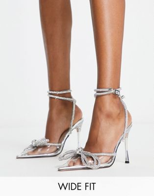Midnight heeled shoes with diamante bow detail in silver