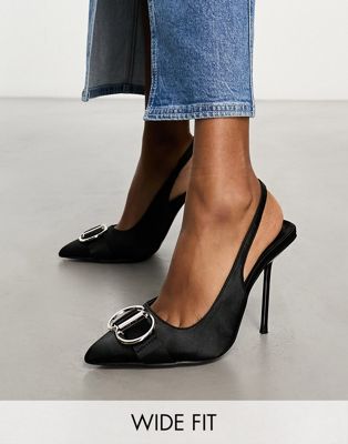 Spicy heeled slingback shoes with hardware in black satin