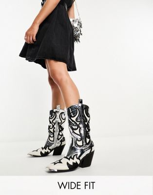 Public Desire Wide Fit Starrie silver flame detail western boot