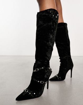 Worthy buckle detail heeled boots in black velvet