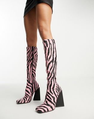 x Paris Artiste Exclusive Peggy heeled knee boots in pink zebra