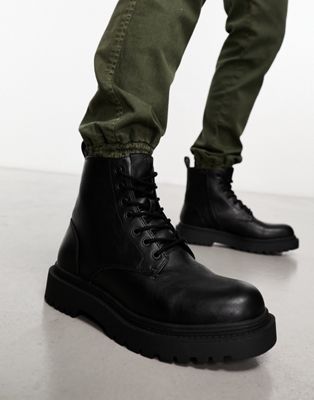 Pull&Bear chunky lace up military style boots in black