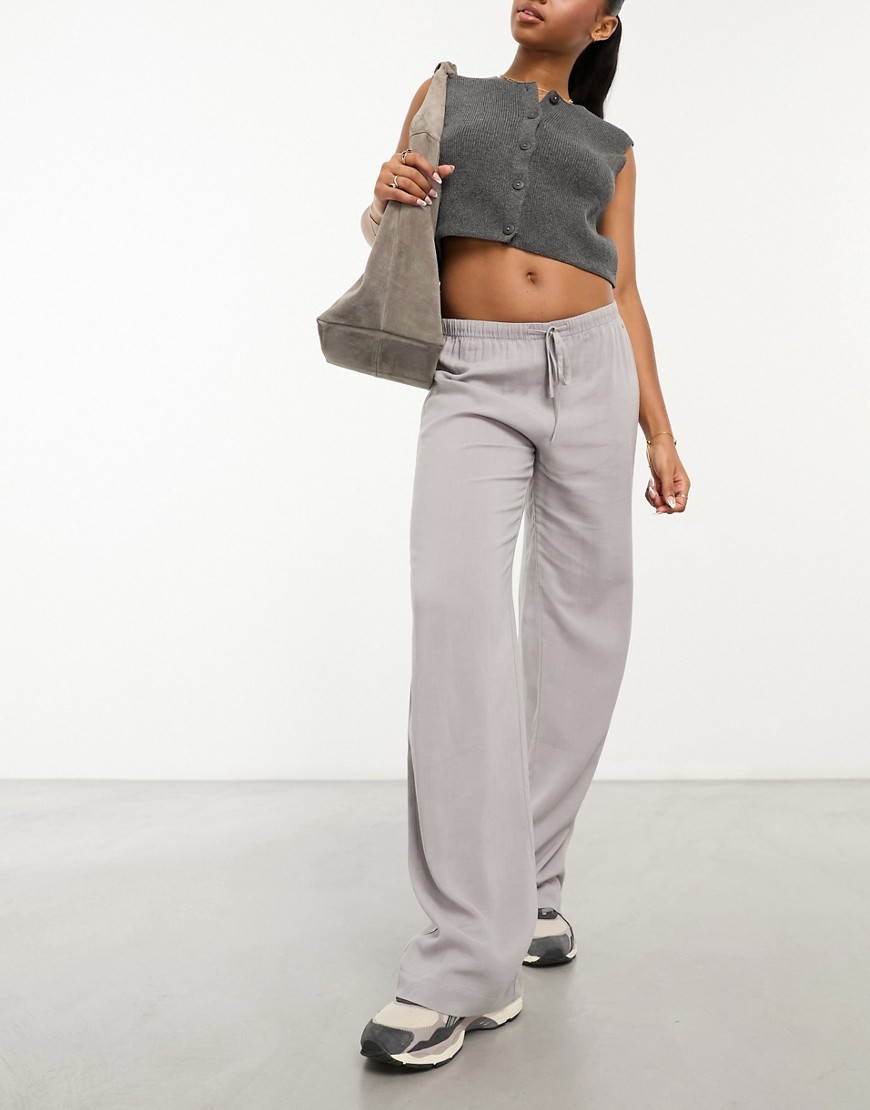 Pull & Bear drawstring waist linen trouser in grey