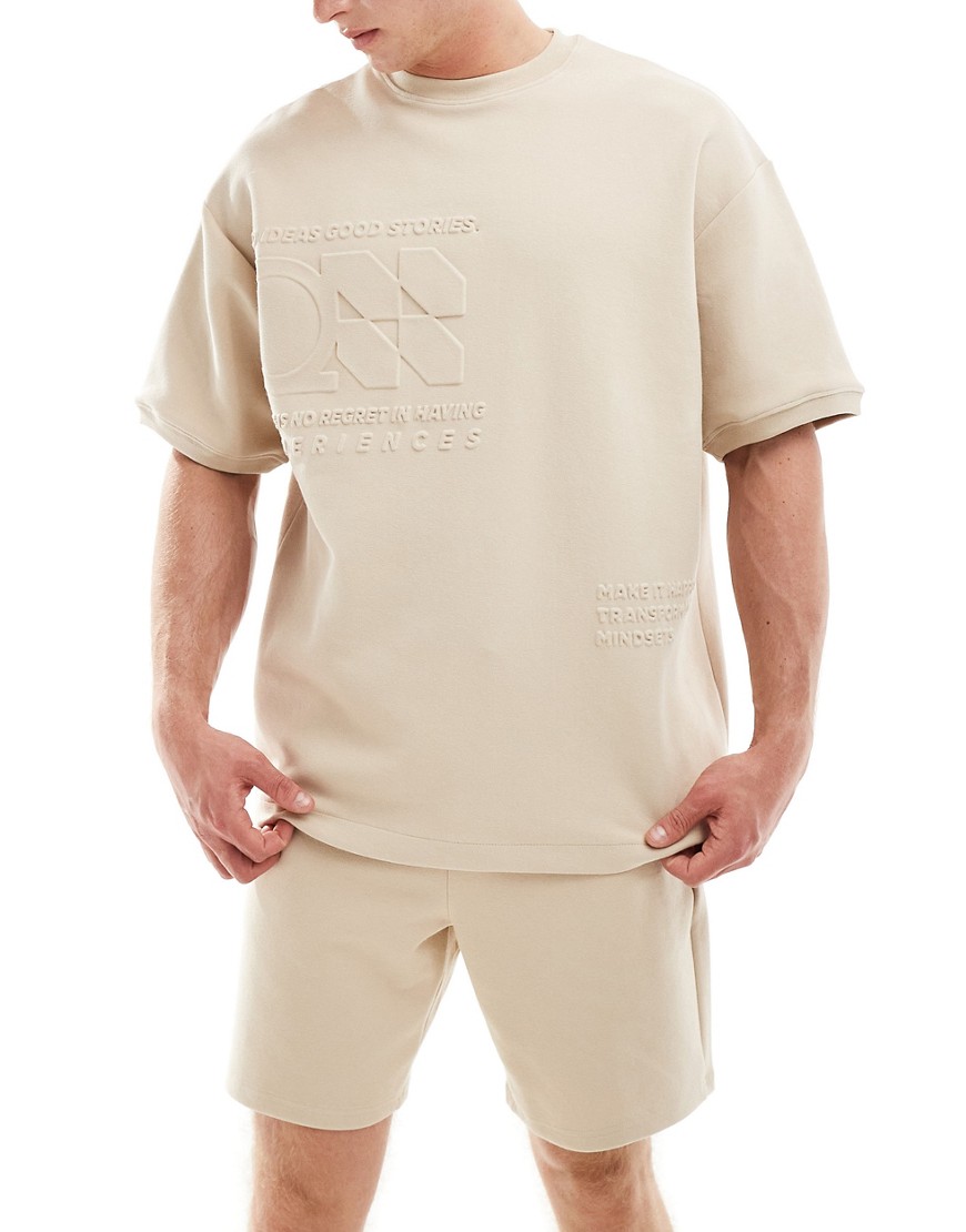 Pull & Bear embossed co-ord t-shirt in sand-Neutral