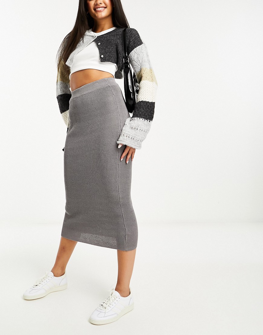 Pull & Bear knitted rib maxi skirt co-ord in grey
