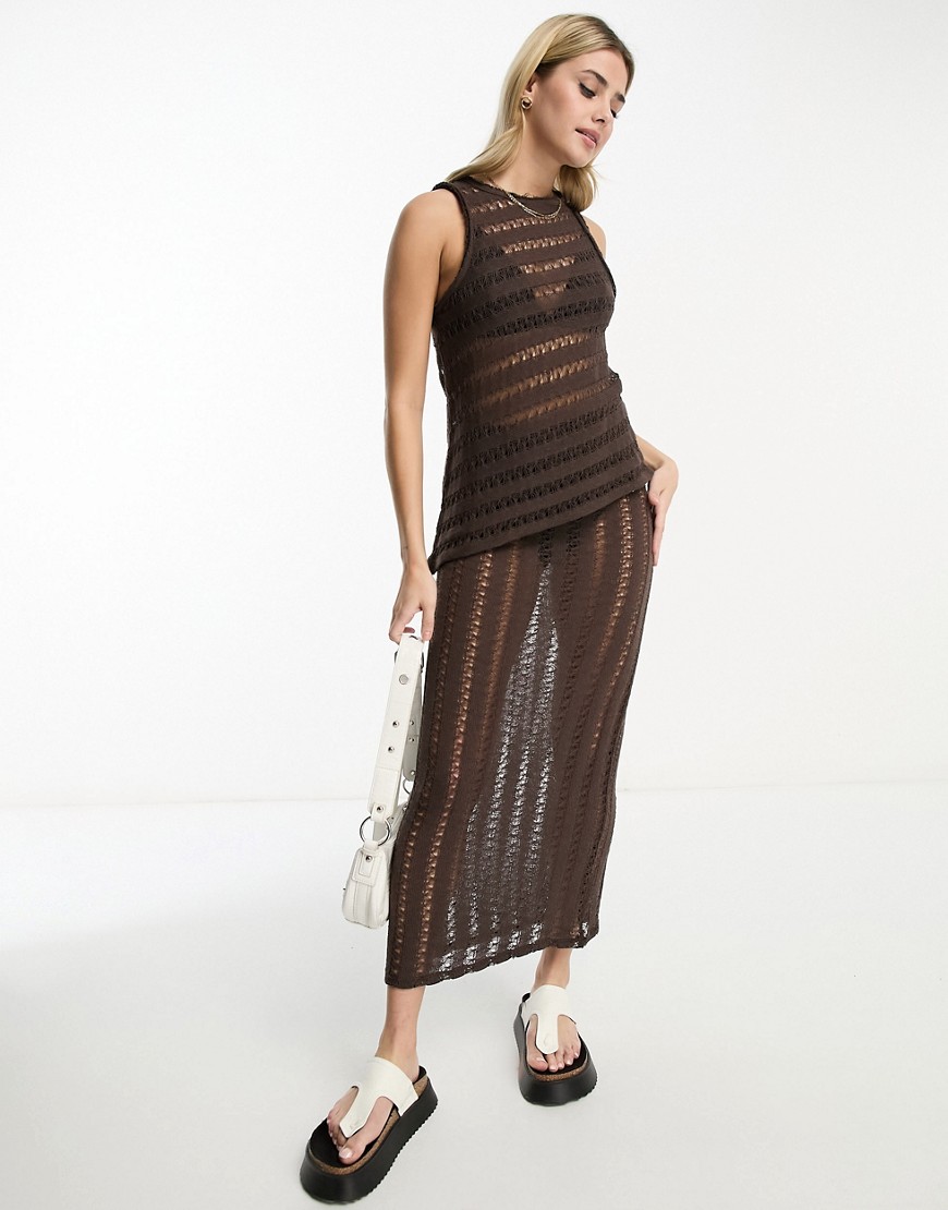 Pull & Bear ladder detail maxi skirt co-ord in brown