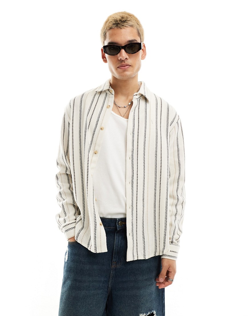 Pull & Bear long sleeve textured stripe shirt in ecru-Neutral