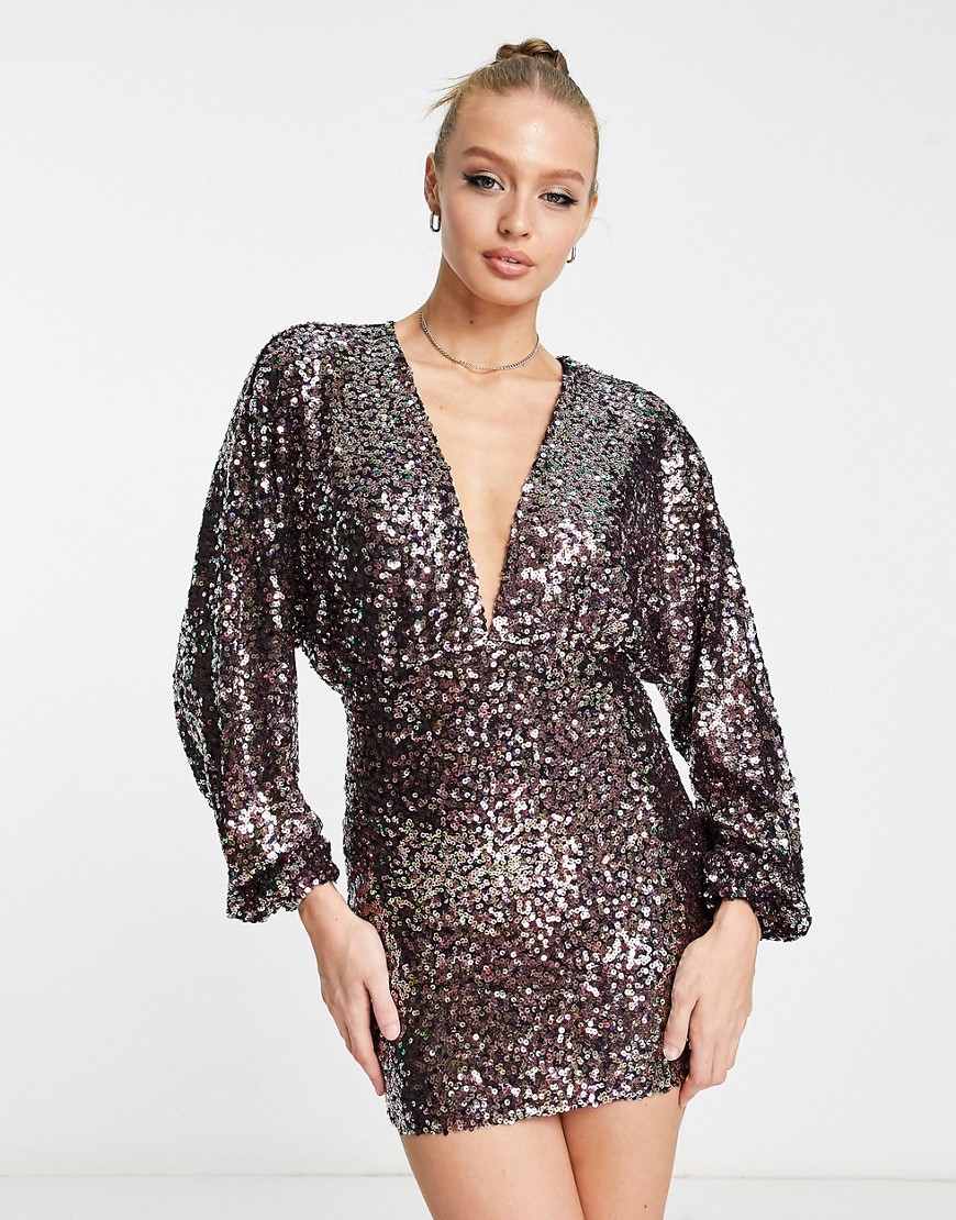 Pull & Bear long sleeved plunge neck sequin mini dress in multicolour-Pink