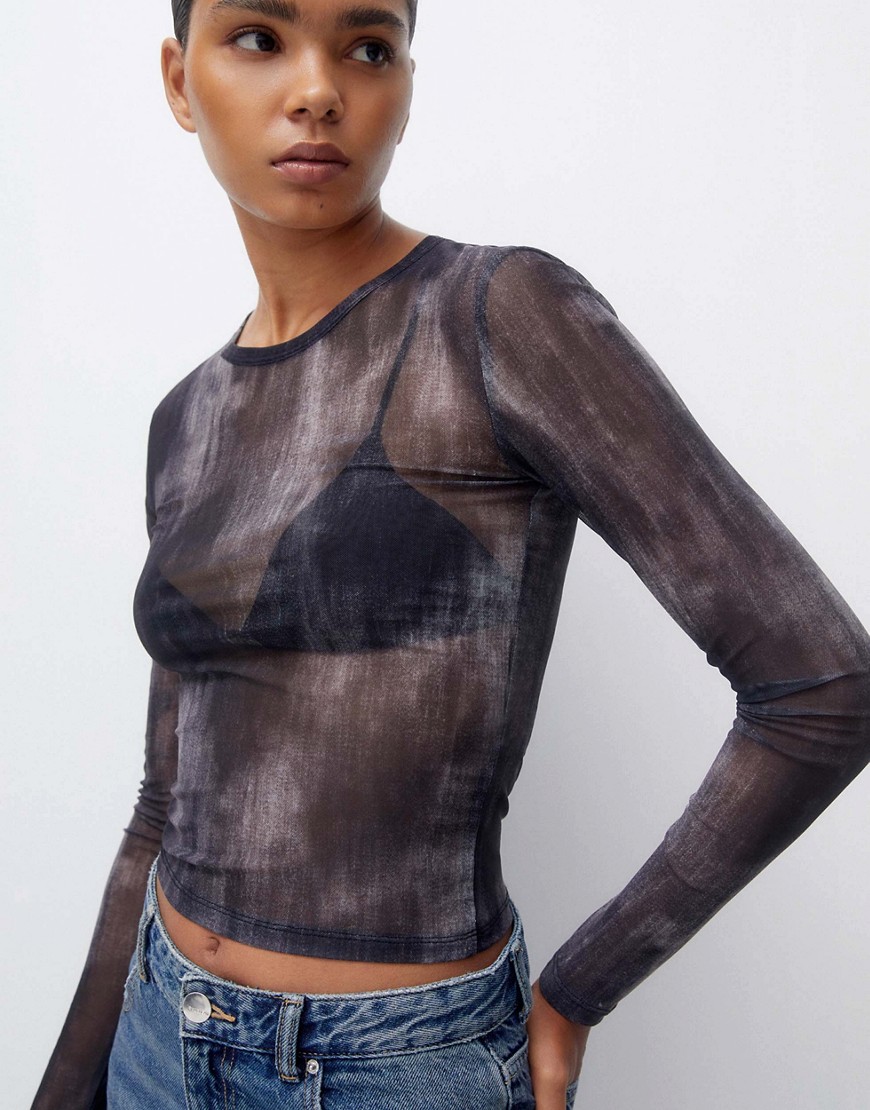 Pull & Bear mesh long sleeved top in grey brushstroke print