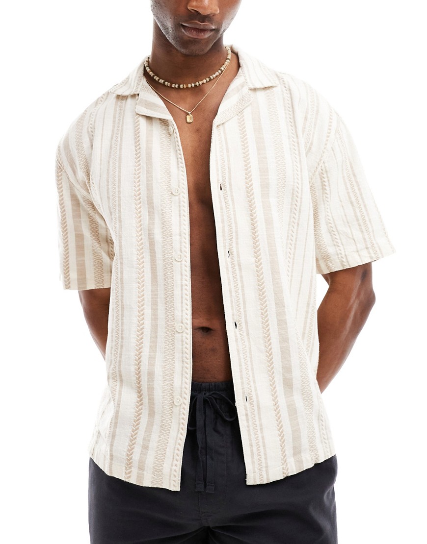 Pull & Bear revere neck stripe shirt in ecru-Neutral