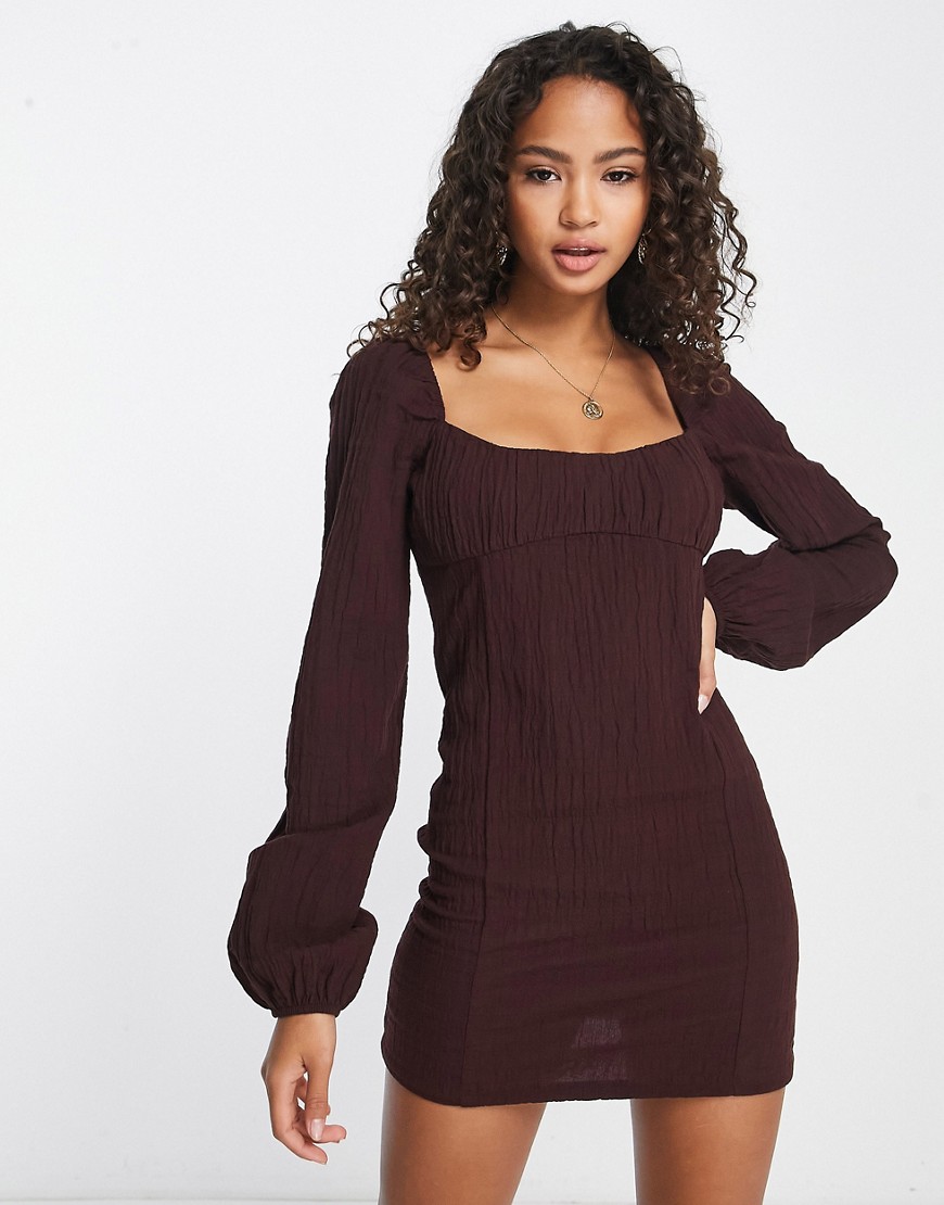 Pull & Bear square neck mini dress with puff sleeves in burgundy-Red