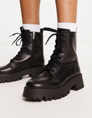 Pull&Bear wide fit lace up chunky boot in black