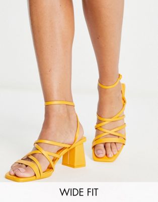 Pull&Bear Wide Fit strappy mid block heeled sandal in orange