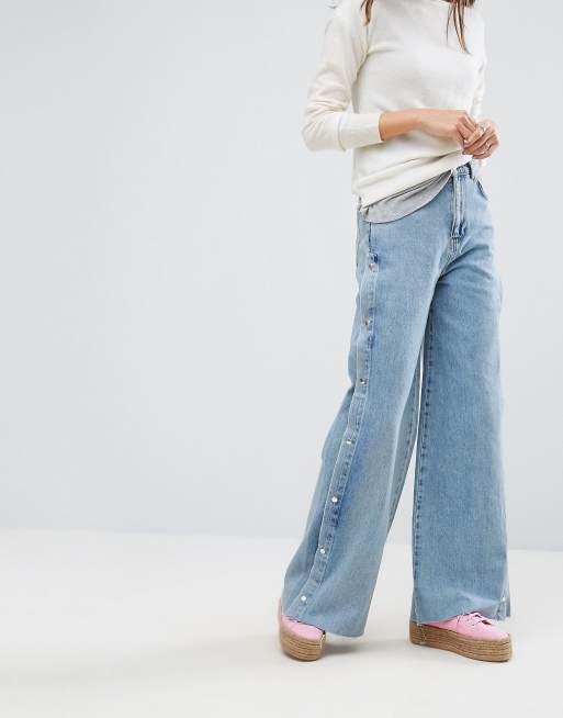 Pull&Bear Pull&Bear Wide Leg Popper Detail Jeans