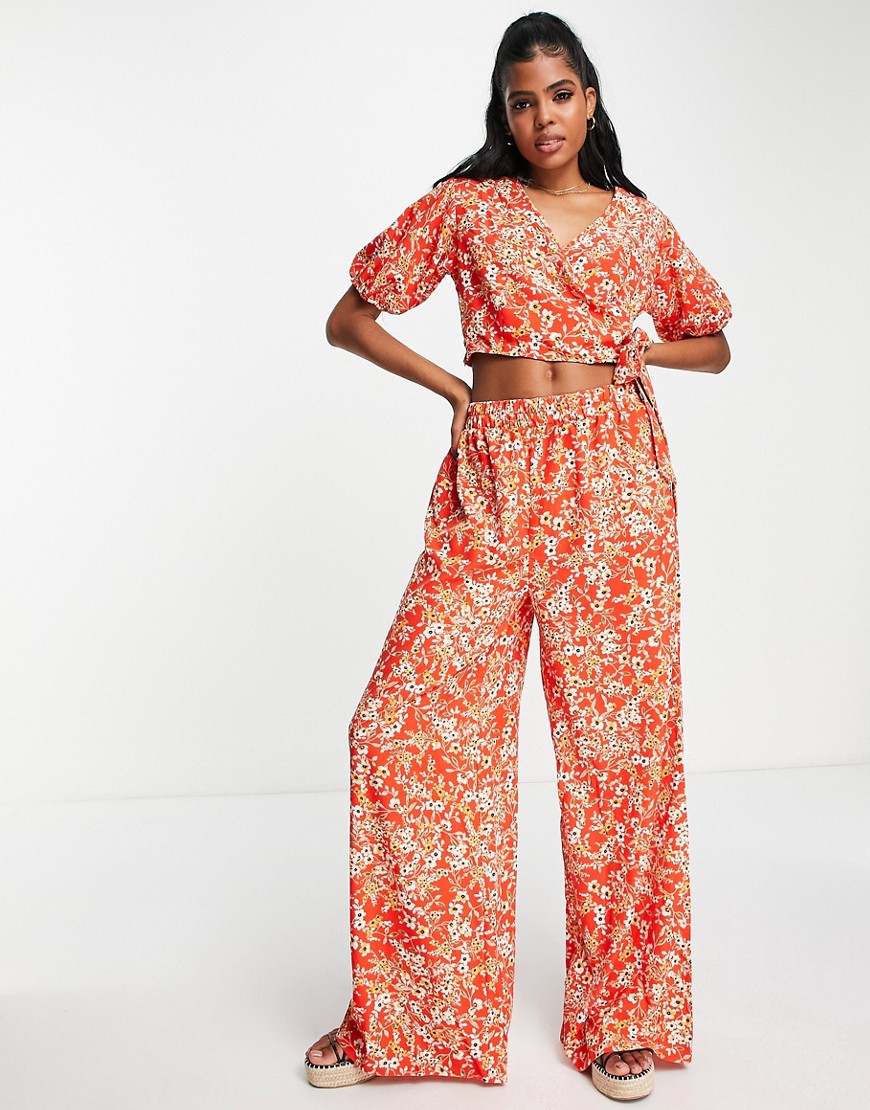 QED London 2 piece wide leg trousers and crop top set in orange floral