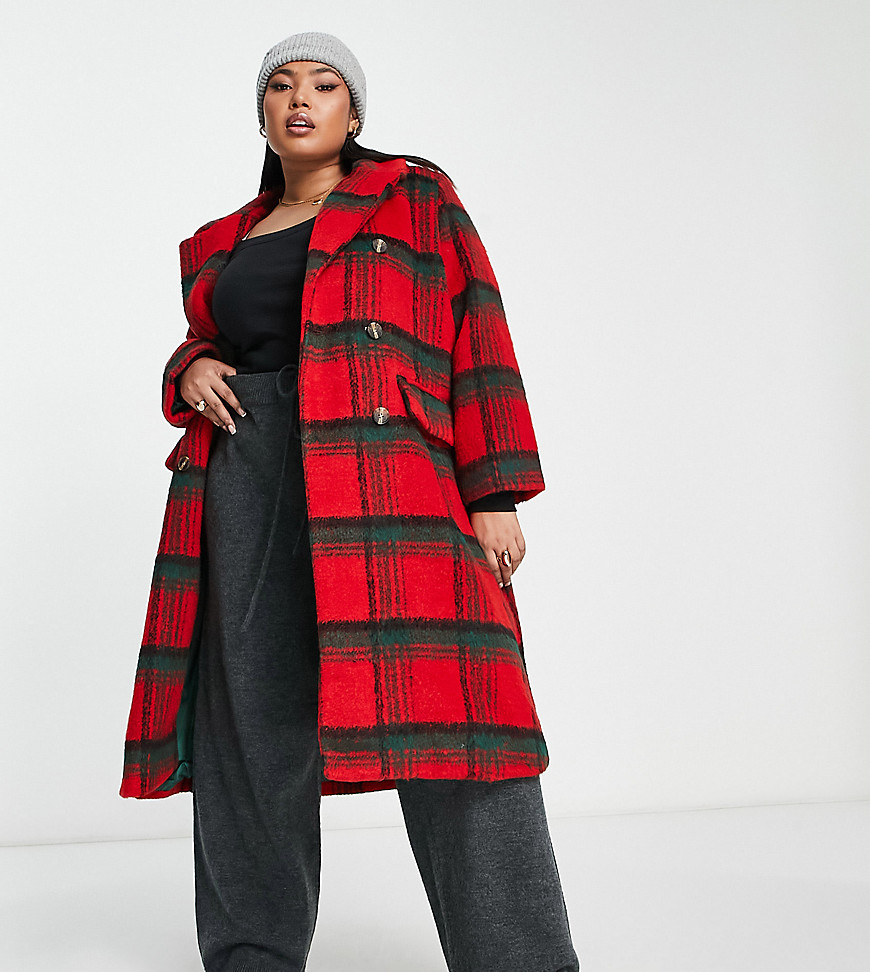 QED London Plus double breasted longline coat in red check