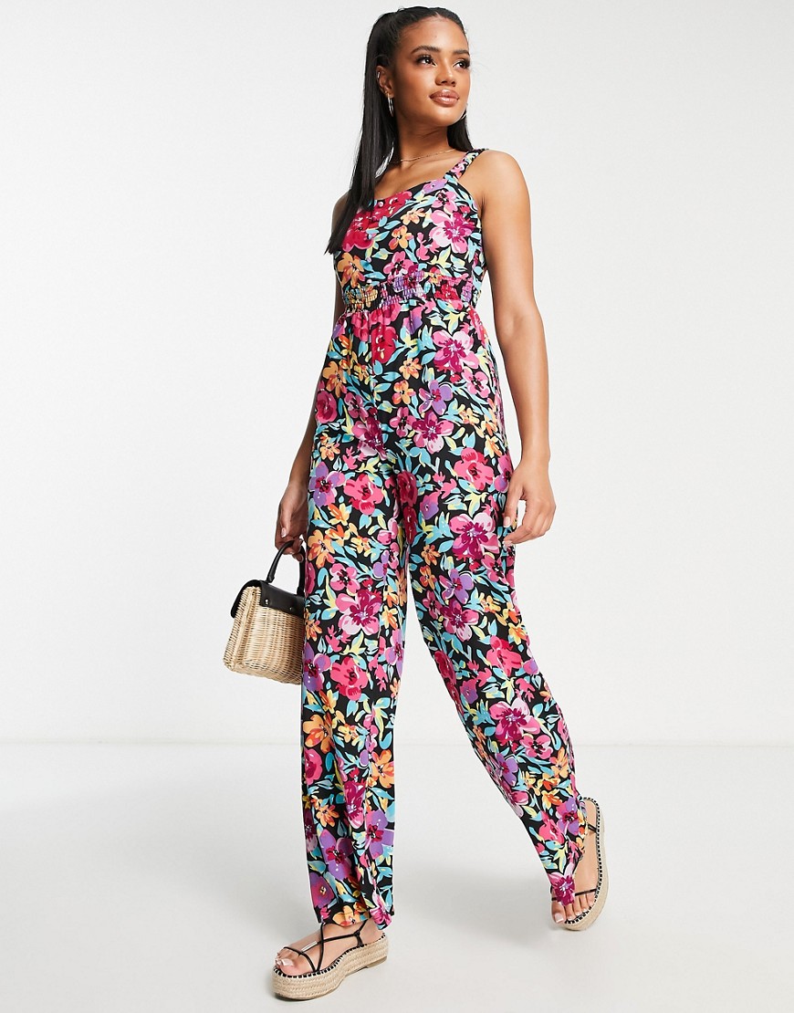 QED London shirred strap wide leg jumpsuit in floral print-Multi