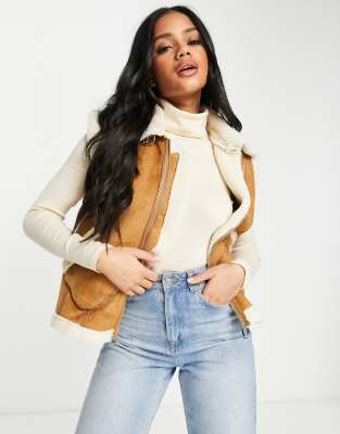 QED London suedette vest with sherpa trims in tan - Click1Get2 On Sale