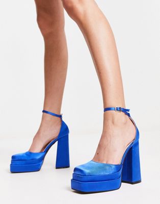 Amira double platform heeled shoes in blue satin