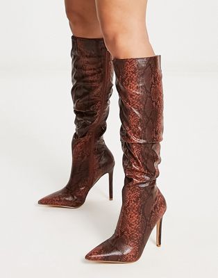 Brayden stiletto knee boots in tan snake print
