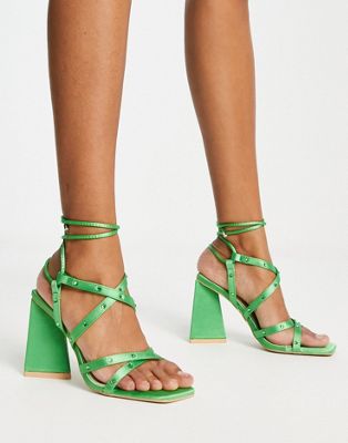 Elinora block heel sandals with stud embellishment in green satin