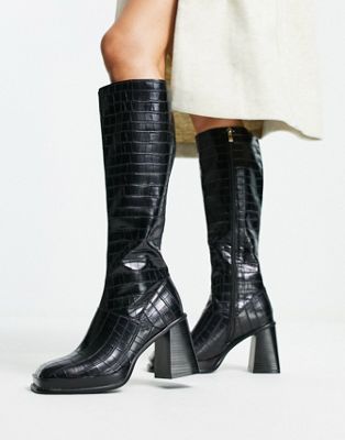 Pacfic heeled knee boots in black croc