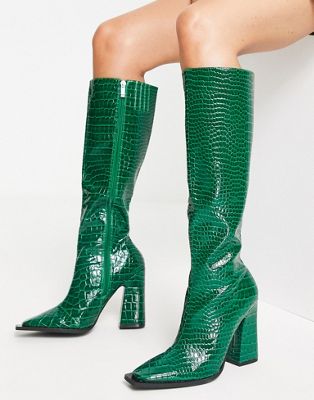 Sphere heeled knee boots in green croc