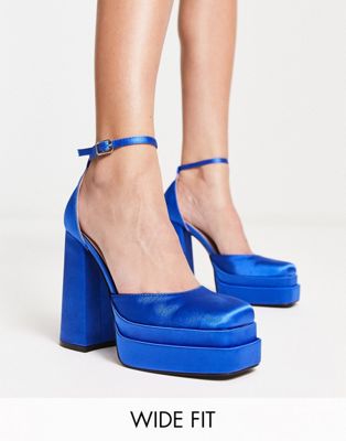 Amira double platform heeled shoes in blue satin