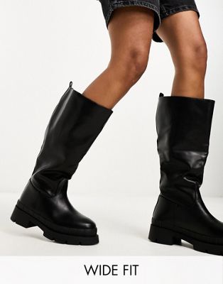 Challenge chunky flat knee boots in black