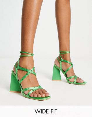 Elinora block heel sandals with stud embellishment in green satin