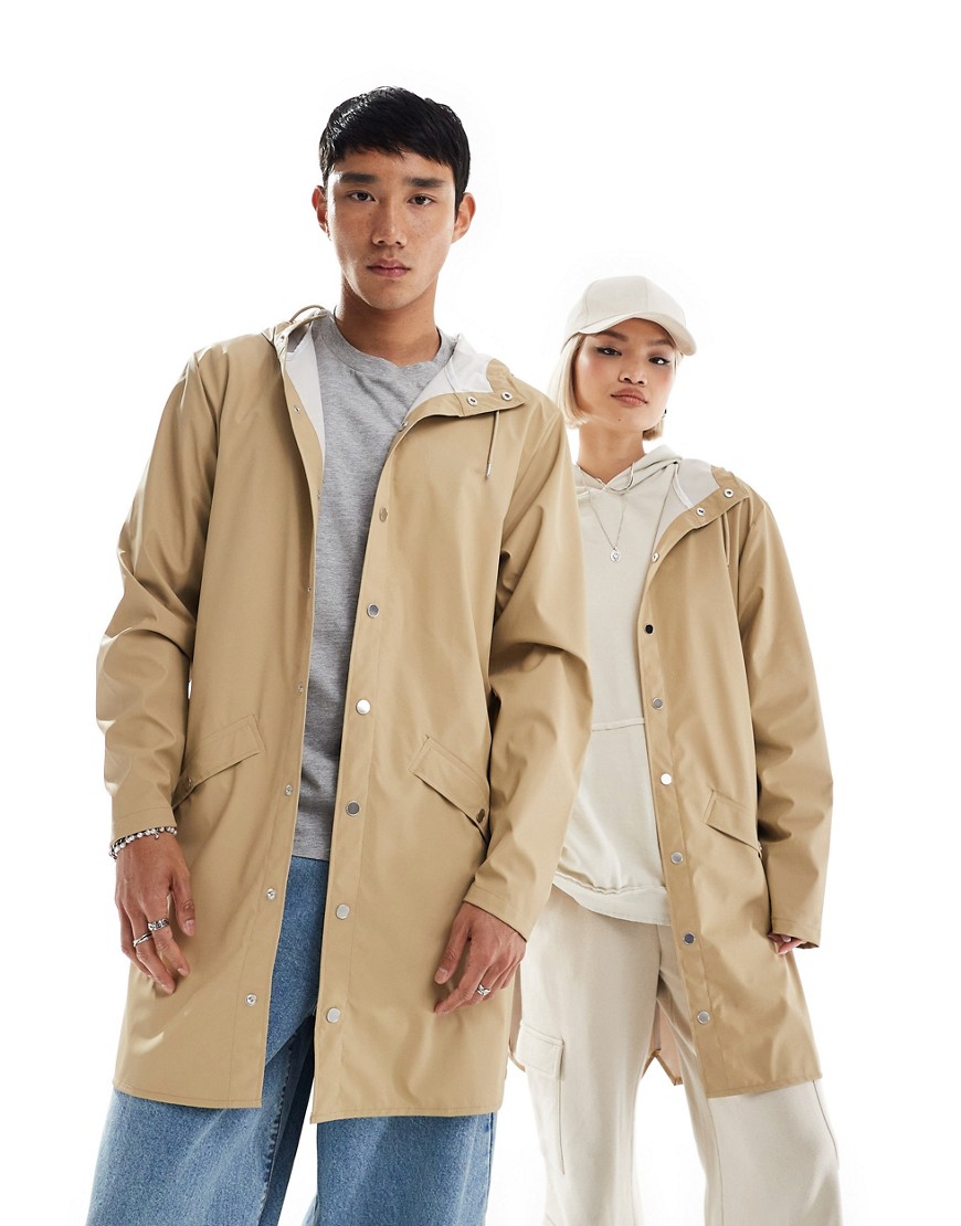 Rains 12020 unisex waterproof long hooded jacket in sand-Neutral