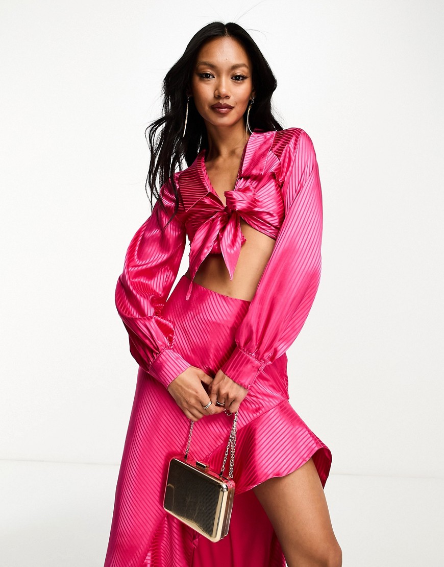 Rare London satin stripe tie detail cropped shirt co-ord in hot pink