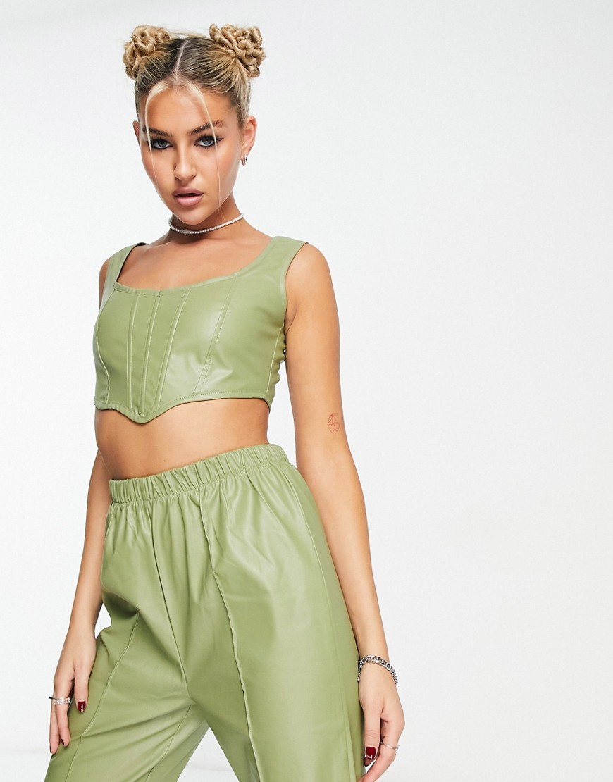 Rebellious Fashion leather look corset top co-ord in khaki-Green