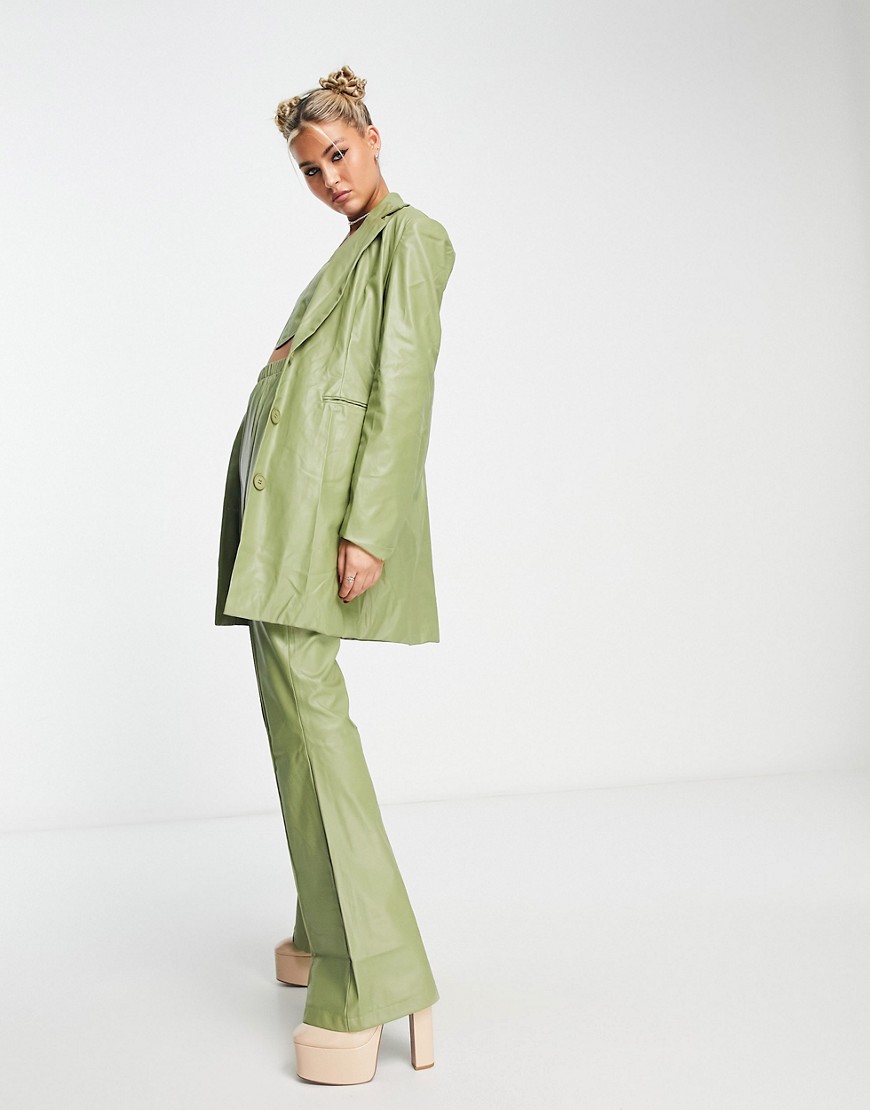 Rebellious Fashion leather look oversized blazer co-ord in khaki-Green