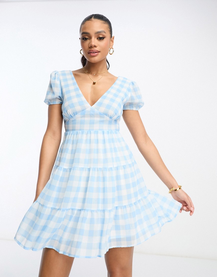 Rebellious Fashion mini skater dress with open back in blue gingham