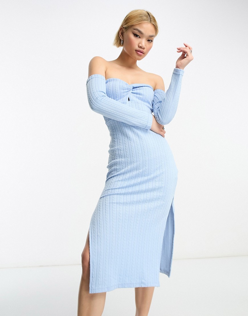 Rebellious Fashion off shoulder knitted thigh split midi dress in blue