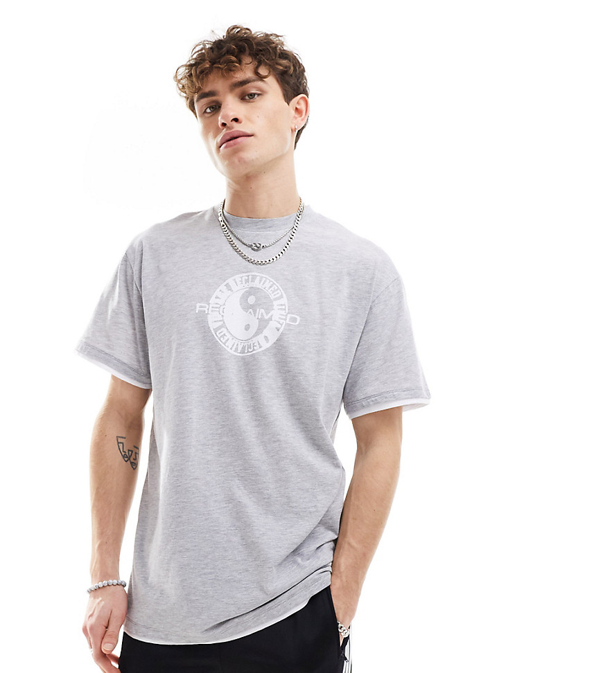 Reclaimed Vintage double layer t shirt in slub with ying yang blur graphic in grey