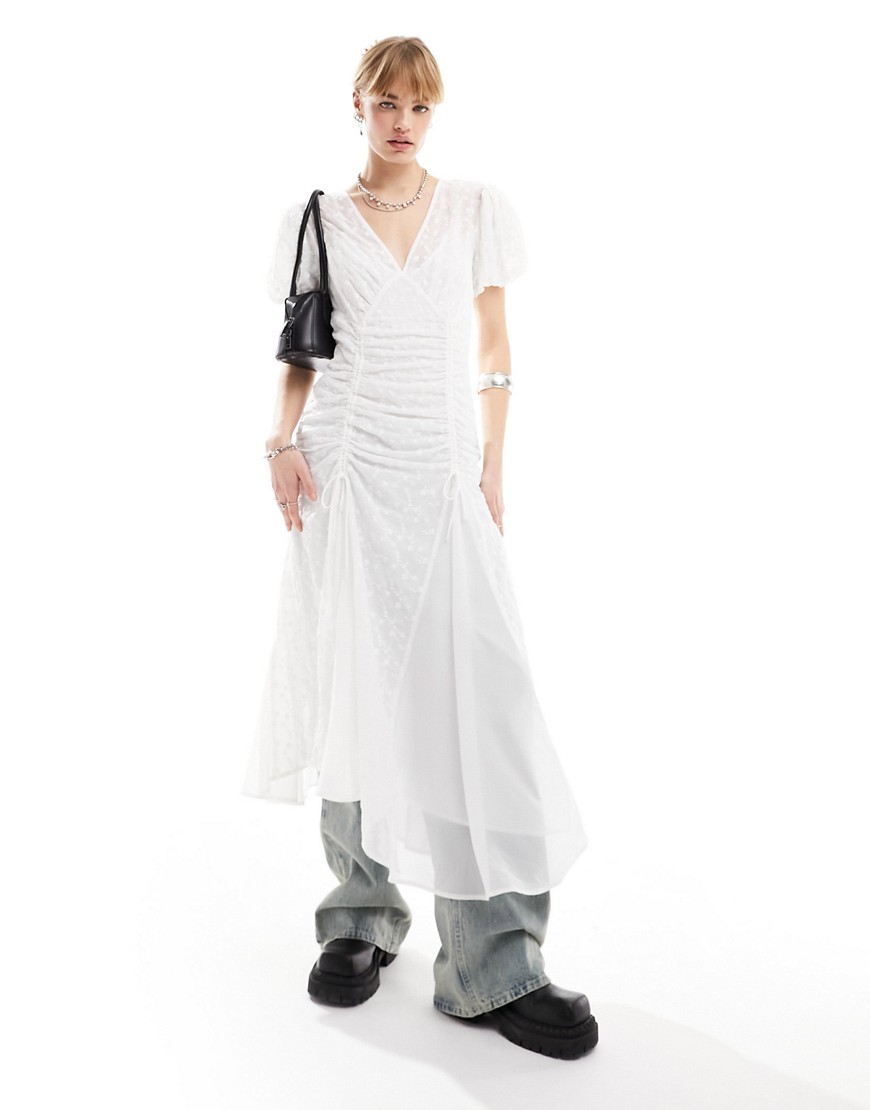 Reclaimed Vintage embroidered tea maxi dress with ruched detail in white-Neutral
