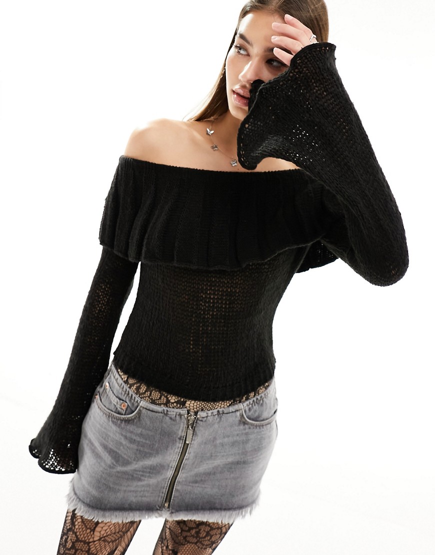 Reclaimed Vintage fine knit off shoulder top with flute sleeves in black